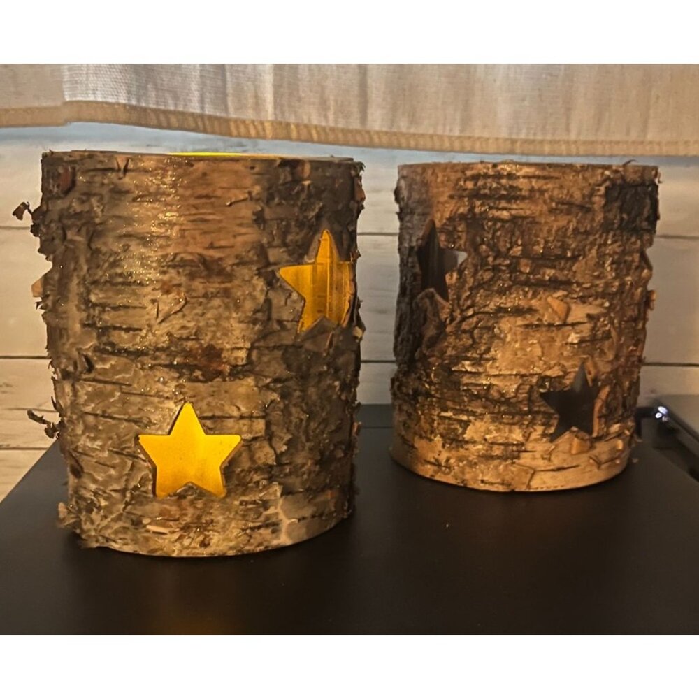 Set Of 2 Birch Bark Star Cutout Candle Holders Rustic Nature Decor